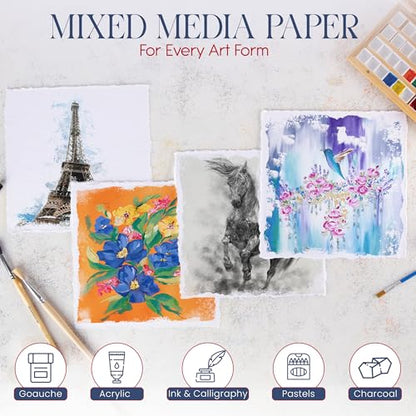 Wanderings Thick Handmade Watercolor Paper with Deckle Edge - 8" x 8" - 300GSM - Premium White Hot Press Smooth Mixed Media Paper Made with Recycled Cotton - 25 Loose Leaf Sheets - color: White, size: 8x8" (20x20cm)