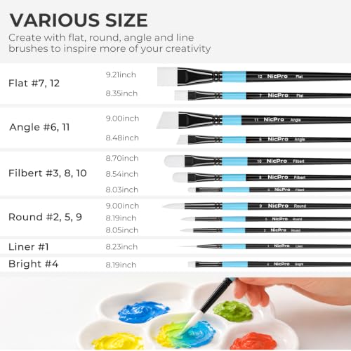 Nicpro 12PCS Artist Paint Brush Set, Firm Synthetic Bristle Paint Brushes for Acrylic Painting & Oil, Flat Round Filbert Angle Bright Liner Brushes for Canvas, Gouache, Tempera, Craft, Model, Fabric - color: Black-blue