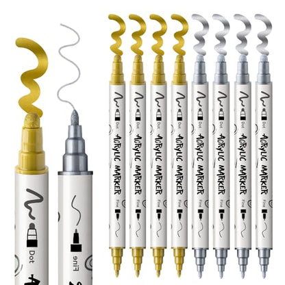 TRANSON 4 Silver and 4 Gold Paint Markers Bold and Fine Dual-tip Acrylic Paint Marker Set for Rock Painting Glass Canvas Wood Leather Ceramic Painting - style: Bold and Fine 4 Gold and 4 Silver