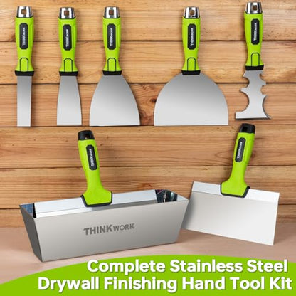 THINKWORK Drywall Tools - 8Pcs Stainless Steel Drywall Knife Set with Putty Knife, Taping Knives, Painter Scraper & 10" Mud Pan, Spackle Tool Set for Joint Taping, Finishing & Patching