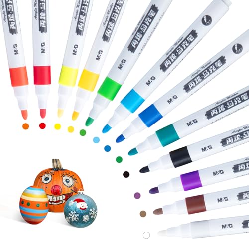 M&G Acrylic Paint Pens Markers Stocking Stuffers, 12 Colors with Medium Blush Tip, Acrylic Paint Markers for Rock, Eggs, Ceramic, Fabric, Glass, DIY Art & Craft Supplies