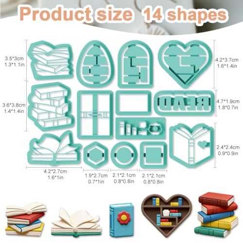 14Pcs Mini Bookshelf Polymer Clay Cutters Book Polymer Cutter for Clay Earrings Making Festival Jewelry DIY for Reading Lovers Gifts - color: Book Elements