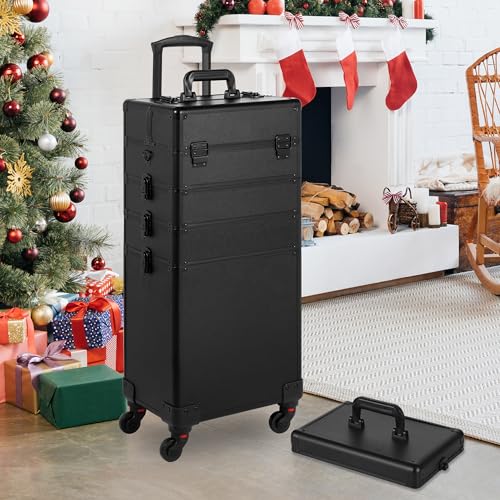 Somduy Rolling Makeup Case, Makeup Train Case with Lid, 5 in 1 Cosmetology Case on Wheels, Christmas Gift, Large Makeup Organizers, Profesional Cosmetic Case for Salon Barber, Black - color: Black