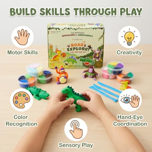 Air Dry Clay for Kids - 12 Dinosaur & Jungle Designs Modeling Clay Kit - Model Sculpting Set, Ultra Soft Safe & Non-Sticky | DIY Crafts, School Projects & Party Favors for Boys & Girls