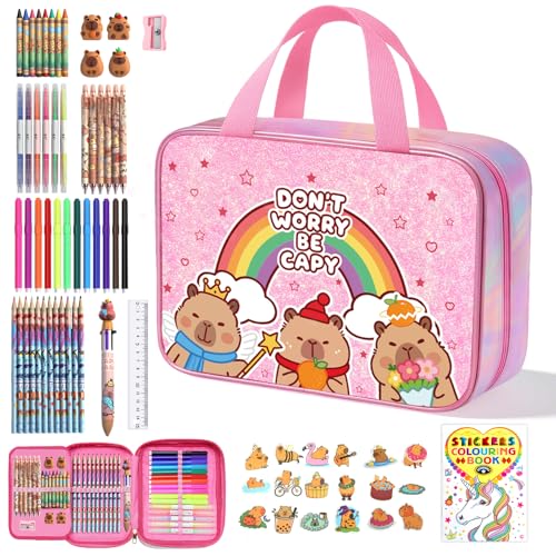 73PCS Capybara Washable Markers Set with Glitter Pencil Case,Art Supplies and Craft for Girls Ages 4-6-8,Kids Coloring Drawing Kit with Marker,Colored Pencil,Crayon,Gel Pen,Birthday Gift Toys for Girl - color: Capybara