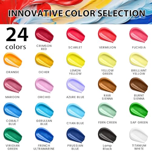 40 PCS Acrylic Paint Set - 24 Colors (2oz/60ml) with Brushes, Knives & Palette - Rich Pigments Gifts for Adults, Artists & Beginners - Painting on Canvas, Ceramic, Rock, Wood