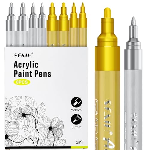 SFAIH Gold & Silver Acrylic Paint Markers - 8 Pack 2-3MM Medium Tip & 0.7MM Extra Fine Paint Pens for Rock Painting, Wood, Metal, Fabric, Plastic, Canvas, Glass, Ceramic, Diy Crafts - color: Gold & Silver