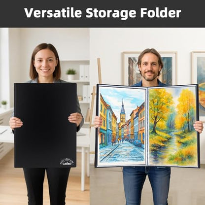 JJRING 18x24 Art Portfolio Folder with Plastic Sleeves, 24-Pocket Portfolio Binder Displaying 48 Pages, Presentation Book with Black Inner Paper for Artwork Storage, Black - size: 18*24