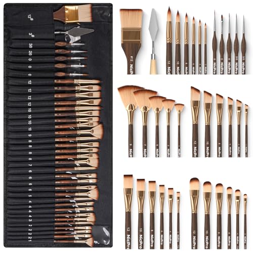 Nicpro 36pcs Paint Brush Set, Professional Paintbrushes with Palette Knife and Cloth Roll, Suitable for Acrylic Painting, Oil, Watercolor, Gouache, Art Supplies for Artists & Beginners (Gold Color) - color: Gold