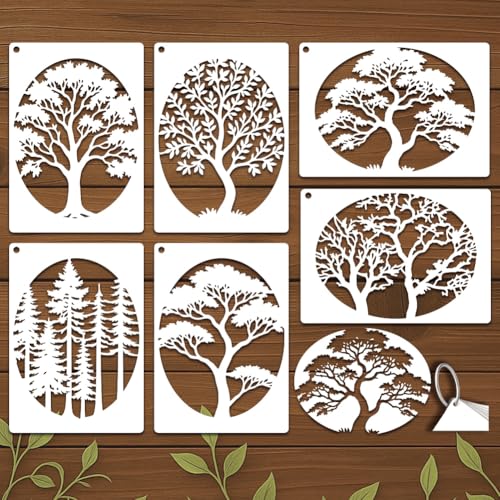 6 Sheets Tree Stencils for Painting, 9 Styles Reusable Natural Plants Drawing Template Reusable Art Templates for Painting on Canvas Wood Wall Home Decor - style: Trees