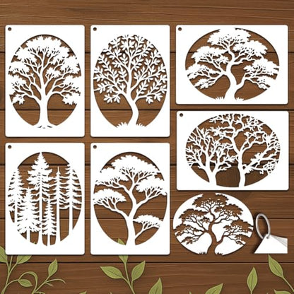 6 Sheets Tree Stencils for Painting, 9 Styles Reusable Natural Plants Drawing Template Reusable Art Templates for Painting on Canvas Wood Wall Home Decor - style: Trees