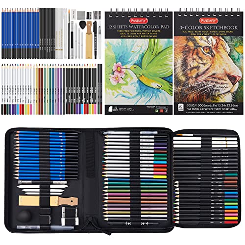 PANDAFLY 80 Drawing Set Sketching Kit, Art Supplies with 3-Color Sketchbook & Watercolor Paper, Include Tutorial, Colored, Graphite, Charcoal, Watercolor & Metallic Pencil, for Beginners & Pro Artists