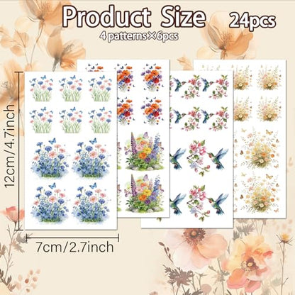 OLYCRAFT 24Pcs Wildflowers Clay Transfer Paper 4 Design Flowerbeds Clay Transfers Paper for Polymer Clays Earring Hummingbird Transfer Sheets Small Ceramic Decal for Earring Jewelry Making - style: Wildflower