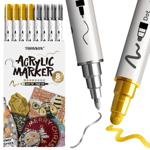 TRANSON 4 Silver and 4 Gold Paint Markers Bold and Fine Dual-tip Acrylic Paint Marker Set for Rock Painting Glass Canvas Wood Leather Ceramic Painting - style: Bold and Fine 4 Gold and 4 Silver