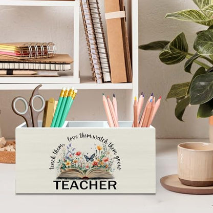 DILSJ Para Appreciation Gifts Pencil Holder Organizer for Desk, Thank You Teacher Gift, Teach Them Love Them Watch Them Grow Wooden Box Signs for Book Lovers Gifts Desk Tabletop School Supplies - color: Flower-1