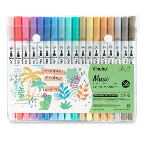 Ohuhu Markers for Adult Coloring Books No bleeding 36 Pastel Colors Coloring Markers Water-based Dual Tips Fineliner & Brush Drawing Pens Art Markers for Kids Adults Sketch Journal - Maui