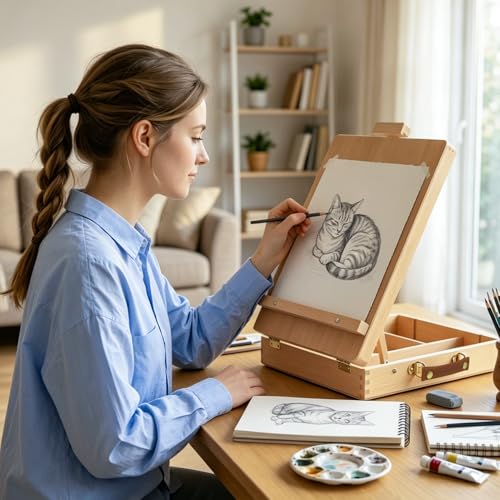 Tabletop Easel for Painting, Adjustable Beechwood Sketchbox with Large Capacity Storage, Portable Desktop Art Easel Stand, Travel Station with Detachable Shoulder Strap for Adults, Artists & Beginners