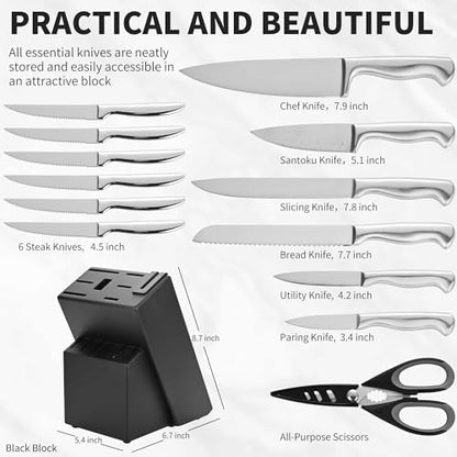 15-Piece Stainless Steel Chef Kitchen Knife Sets with Block & Built-In Sharpener, Professional Chef Knife Sets with Scissors, Steak Knives - color: Silver