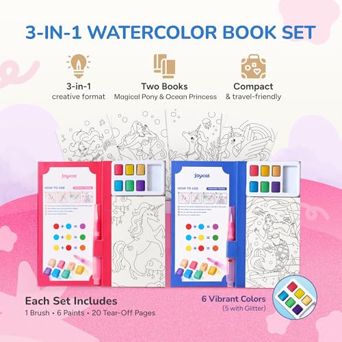 JoyCat 2 Pack Pocket Paint with Water Coloring Books for Kids, Art & Craft Activity Toy Set, Creative Travel & Home Painting Kit, Gifts for Girls & Boys Ages 3-8 (Magical Pony & Ocean Princess) - style: 2 Pack - Magical Pony & Ocean Princess