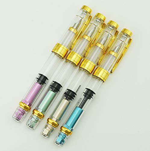 Lanxivi 4 PCS Yongsheng 3008 Piston Fountain Pen Fine Nib Transparent Diversity Color Gold Trim Set - color: 3008 Gold Trim F