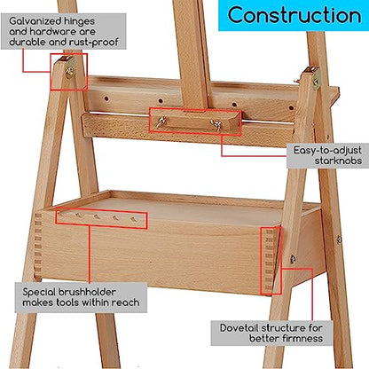 MEEDEN Painting Easel with Storage Drawer, Studio H-Frame Easel- Adjustable (60"~75") Solid Beech Wood Easel Stand for Painting for Adults, Holds Canvas Art up to 35",Natural - color: Natural