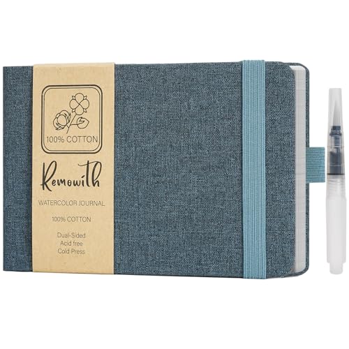 Watercolor Journal Sketchbook, 5.5" x 8.2" Sketch Books Artist Cotton Watercolor Paper Notebook, Linen Cover with Tap Water Pen, 24 Sheets 140 LB, 300 GSM for Travel Sketching On The Go Art - color: Navy Blue, size: 5.5x 8.2 Inch