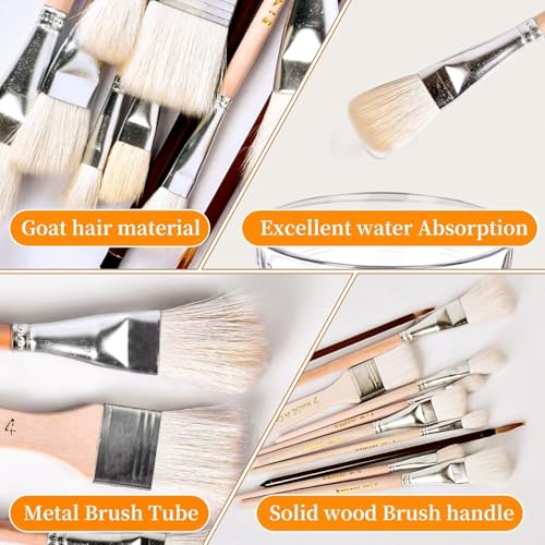 10 Pcs Pottery Glazing Brushes, Goat Hair Mop & Blending Brush Set for Ceramics, Acrylic Painting, Clay - Soft Bristle Artist Tools for Pottery Wheel, Canvas, Kiln Firing
