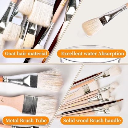 10 Pcs Pottery Glazing Brushes, Goat Hair Mop & Blending Brush Set for Ceramics, Acrylic Painting, Clay - Soft Bristle Artist Tools for Pottery Wheel, Canvas, Kiln Firing