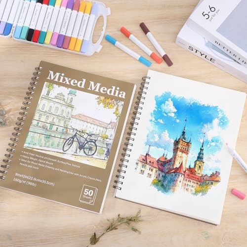 4 Pack Mixed Media Sketchbook, 9x12 inches Drawing Paper Sketch Book, 98lb/160gsm Heavyweight Spiral Bound Sketch Pads, Suitable for Arist, Drawing, Painting, Sketching(200 Sheets) - color: landscape, size: 9 x 12 inch (4 pack)