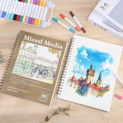 4 Pack Mixed Media Sketchbook, 9x12 inches Drawing Paper Sketch Book, 98lb/160gsm Heavyweight Spiral Bound Sketch Pads, Suitable for Arist, Drawing, Painting, Sketching(200 Sheets) - color: landscape, size: 9 x 12 inch (4 pack)