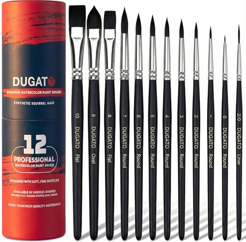 DUGATO Watercolor Brush Set 12 pc, Round, Flat, Liner & Oval Synthetic | Fine Detail Artist Brushes for Gouache, Ink & Wash Painting, Anti-Shedding Bristles, Assorted Shapes