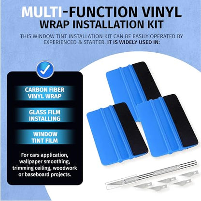 Durable Black Felt Edge Vinyl Squeegee Tool 4-Inch & Craft Knife (3-Pack) | Car Vinyl Film Wrapping Decal Window Tint Work, Professional Scratch Free Squeegee - color: Blue-2