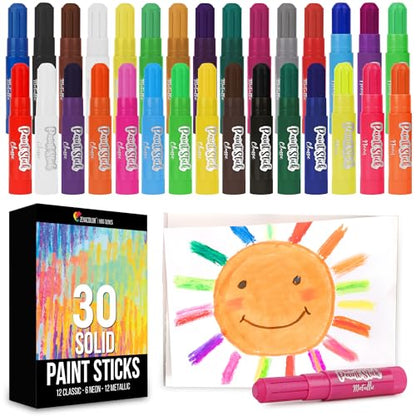 Tempera Paint for Kids and Toddlers - 30 Large Paint Sticks - Washable, Solid, Non Toxic, Mess free Paint Set - Arts and Crafts for Kids - for Wood, Glass, Canvas, or Card painting - size: 1 Count (Pack of 30)