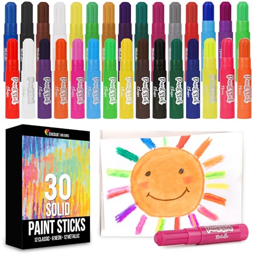 Tempera Paint for Kids and Toddlers - 30 Large Paint Sticks - Washable, Solid, Non Toxic, Mess free Paint Set - Arts and Crafts for Kids - for Wood, Glass, Canvas, or Card painting - size: 1 Count (Pack of 30)