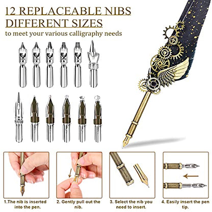 Quill Pen, Quill Pen Ink Set Including Mechanical Feather Pen and Wooden Dip Pen, 5 Colors of Ink, 12 Replacement Nibs, Pen Holder, Envelope and Letter Paper (Black) - color: Black