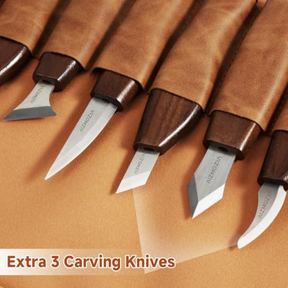 Wood Carving Kit, 17Pcs Wood Carving Tools, Professional Whittling Knife Set, Wooden Hand Knives with Sheath & Deluxe Leather Roll Bag for Beginners Adults & Starter Woodworking