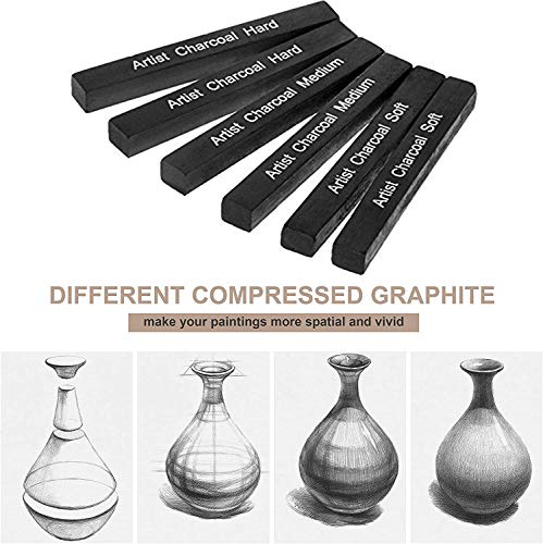 6 Pcs Square Compressed Drawing Charcoal Sticks Artist Charcoal Pastel Pencils for Sketching Drawing Artist Black Charcoal Sticks Assorted Soft Medium Hard for Art Student Supplies