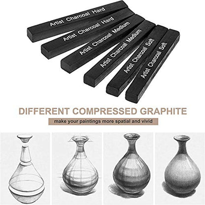 6 Pcs Square Compressed Drawing Charcoal Sticks Artist Charcoal Pastel Pencils for Sketching Drawing Artist Black Charcoal Sticks Assorted Soft Medium Hard for Art Student Supplies