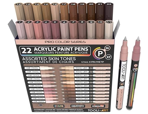 Acrylic Paint Pens 22 Skin Tones Assorted Pro Color Series Markers Set 0.7mm Extra Fine Tip for Rock Painting, Glass, Mugs, Wood, Metal, Canvas, Projects, Non Toxic, Waterbased, Quick Drying - color: SKIN XF
