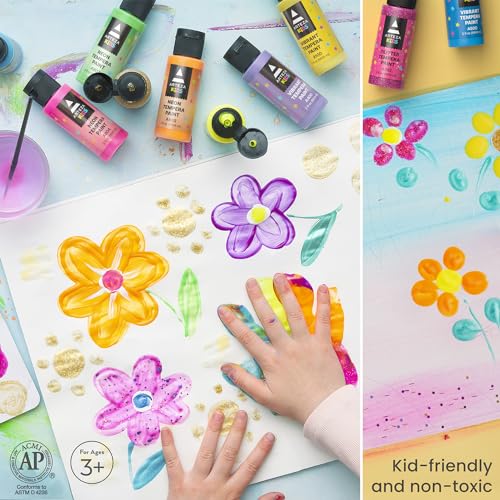 ARTEZA 32 Tempera Paint, 2.03oz/60ml Bottles, Washable Tempera Paint for Kids, Includes Neon, Glitter & Glow-in-The-Dark