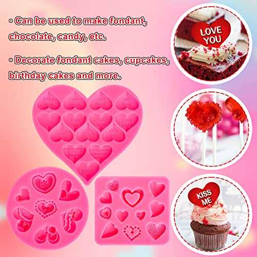 Whaline 3Pcs Valentine's Day Fondant Molds Conversation Heart Pattern 3D Silicone Mould Love You XOXO Letter Cupcake Cookie Decorating Baking Mold for Wedding Anniversary Mother's Day DIY Candy - style: Heart
