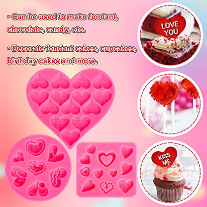 Whaline 3Pcs Valentine's Day Fondant Molds Conversation Heart Pattern 3D Silicone Mould Love You XOXO Letter Cupcake Cookie Decorating Baking Mold for Wedding Anniversary Mother's Day DIY Candy - style: Heart