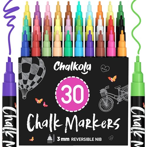Fine Tip Chalk Markers (30 Pack - Neon & Pastel) Chalk Pens - Dry Erase Marker Pens for Blackboard, Chalkboards Signs, Windows, Bistro - 3mm Reversible Tip - style: Fine Tip - 3mm