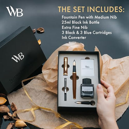 Wordsworth & Black Fountain Pen Set, 18K Gilded Medium and Extra Fine Nib, 25ML Black Bottle, 6 Ink Cartridges, Refill Converter, Smooth Writing Pens [Brown Gold], Gift Set for Men and Women - color: Brown Gold