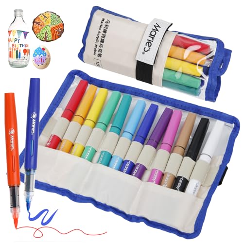 Marie's Acrylic Paint Markers, Water-Based Brush Tip Paint Pens, Clear Organizer Case, Numbered Caps & DIY Swatch Cover — Works on Rock, Wood, Glass, Ceramic, Canvas & Paper (12 Col o) - color: 12 Col o
