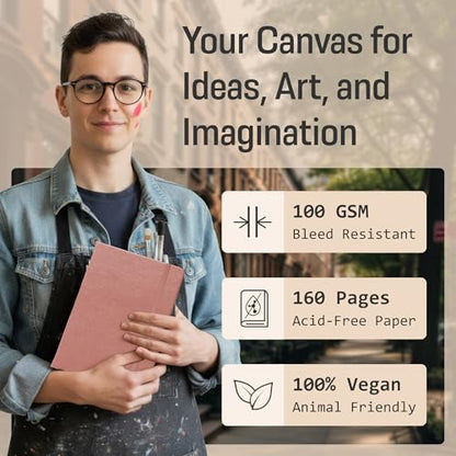 BROWNSTONE JOURNALS A5 Sketch Book Hardcover - 80 Sheets 100 GSM Paper 5"x8", Lay Flat, Vegan Leather Cover, Elastic Band, Back Pocket, Art Drawing Book (Rose Wood) - color: Rose Wood, size: A5 (5" x 8")