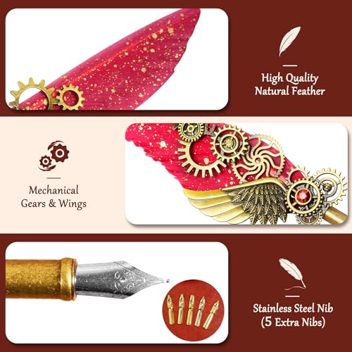 GrnVibe Feather Quill Pen and Ink Set,Antique Calligraphy Set with Leather Journal Notebook,Feather Pen,5 Gold Nibs,Pen Holder,Ink,Calligraphy Kits for Beginners Christmas Gift - color: Red