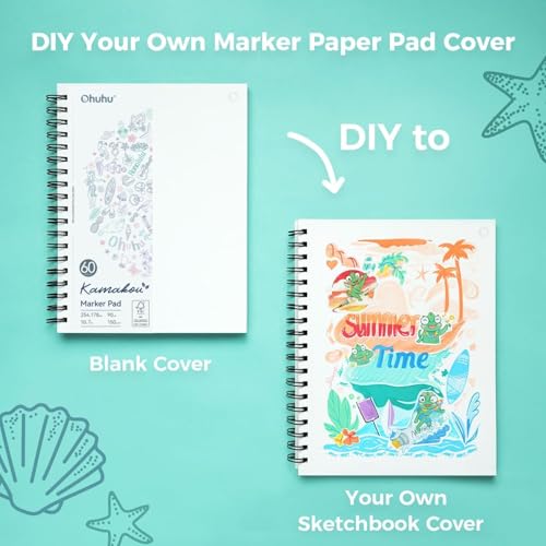 Ohuhu Double-Sided Marker Pad Art Sketchbook Bleedproof - 7"x10" Large Paper Size - 90 LB/150 GSM Smooth Drawing Paper - 60 Sheets/120 Pages - Spiral Bound Sketching Book for Alcohol Markers - size: 7" x 10”