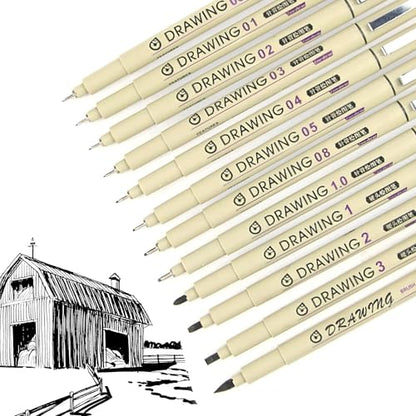 Micro Fineliner Drawing Art Pens: 12 Black Fine Line Waterproof Ink Set Artist Supplies Archival Inking Markers Pigment Liner Point Journaling Sketch Outline Watercolor Technical