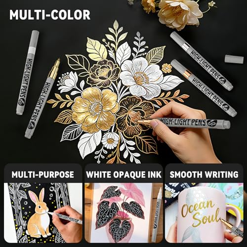 Highlight Pens 12 Pack, White Ink Pens Set with Metallic Silver Gold Bronze, Fine & Brush Tip Paint Pens for Black Paper, Card Making, Rock Painting, Glass, DIY Crafts